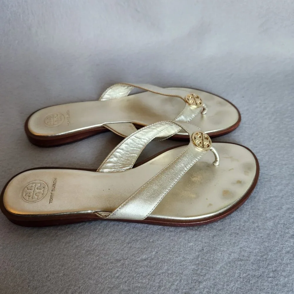 Tory Burch Metallic Gold Leather Thong Sandals